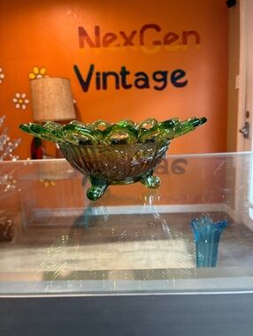 Northwood Antique Wild Rose Green Carnival Glass Open Edge Bowl